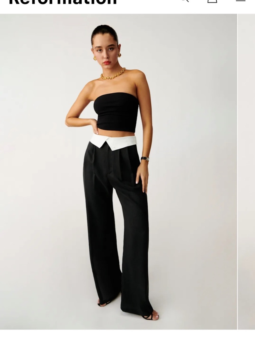 Reformation Black Wide-Leg Pants with White Contrast Waist